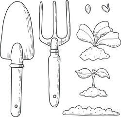 Vector illustration of different stages of growing plants. Suitable for use on websites, articles, labels, packaging. Gardening tools. Growing vegetables. Spring greenhouse plants, seedlings