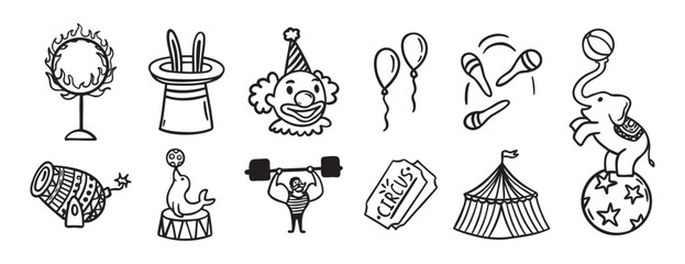 Circus doodle hand drawn icon set. Outline drawing circus line clipart symbol collection