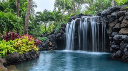 Fototapeta premium A beautiful swimming pool with a waterfall feature, surrounded by lush landscaping.