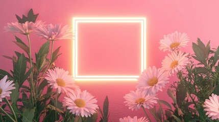 Obraz premium Pink Daisies Frame Neon Light Background Floral Design