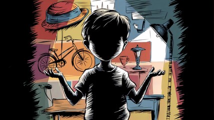 Boy Silhouette with Shadow on Vibrant Wall, Hands-Raised Boy Silhouette Against Object-Filled Wall, Silhouette of Boy in Front of Illuminated Colorful Wall