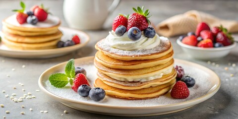 A Delicious Stack of Fluffy Pancakes Topped with Fresh Berries and Creamy Whipped Topping, Sprinkled with Powdered Sugar on a Plate