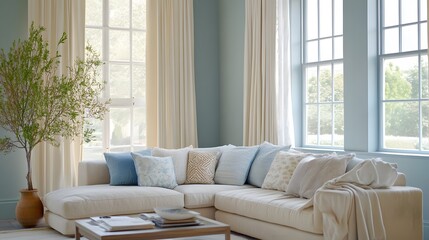 Stylish Interior Mockup Featuring a Cozy Living Room with Soft Blue and Cream Tones, Elegant Curtains, and Contemporary Furnishings for Inviting Atmosphere