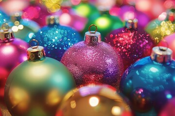 Modern Science Laboratory with Futuristic Lighting Effects, Colorful Christmas Ornaments in Festive Holiday Arrangement, A vibrant close-up of multicolored Christmas ornaments