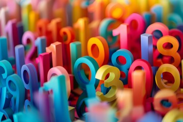 Colorful Plastic Figures on Geometric Mosaic Surface, Colorful 3D Numbers Illustration in Vibrant Abstract Style, A vibrant display of social accounting and its societal impact