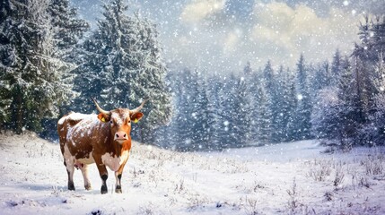 Cow in snowy landscape winter scene animals concept forest background nature photography serene environment