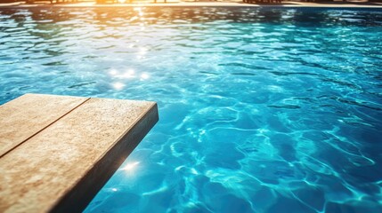Obraz premium A clear blue swimming pool with diving board and lounging area under the sun.