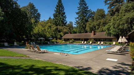 A clear blue swimming pool with diving board and lounging area under the sun.