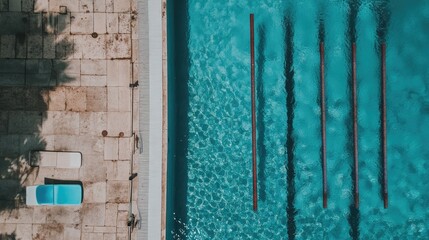 A clear blue swimming pool with diving board and lounging area under the sun.