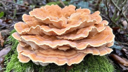 A close-up of an unusual mushroom species growing in a damp forest surrounded by thick moss.