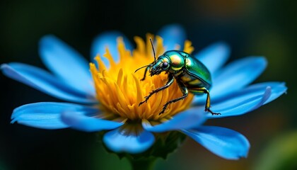 Naklejka premium Vibrant Jewel Beetle on a Blue Flower, A Close-Up Macro Photograph