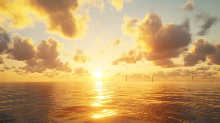 Obraz premium Breathtaking Sunrise Over Calm Ocean Waters with Illuminating Clouds and Offshore Wind Turbines Silhouetted Against a Golden Horizon
