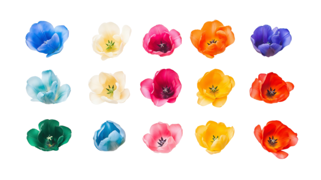 Set of tulips in violet, white, pink, red, purple, and blue on a transparent background. Valentine's Day, Easter, Birthday, Women's Day, Mother's Day, flat lay, quotes, greetings, messages, and cards. - Powered by Adobe