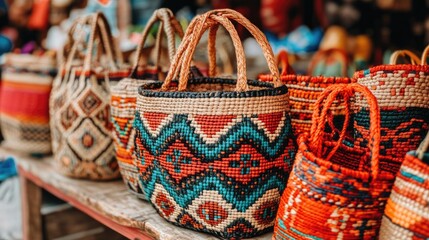 Obraz premium A close-up of a market basket with a traditional tribal pattern, used for shopping in an outdoor market.