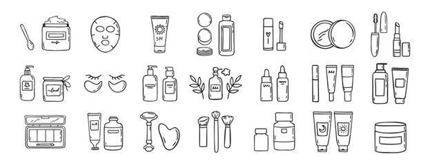 make up beauty doodle hand drawn icon set. Outline drawing cosmetics line clipart symbol