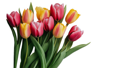 Naklejka premium Set of tulips in violet, white, pink, red, purple, and blue on a transparent background. Valentine's Day, Easter, Birthday, Women's Day, Mother's Day, flat lay, quotes, greetings, messages, and cards.