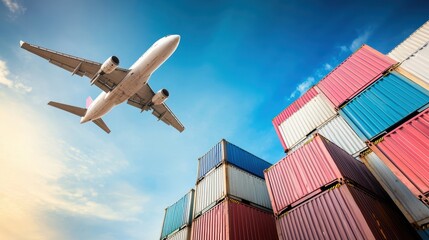 Airplane in flight over shipping containers cargo facility image concept urban environment aerial view