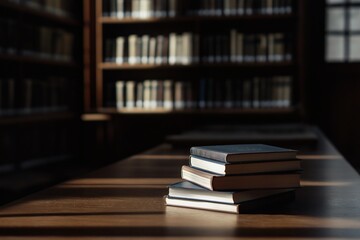 Hardcover Books Neatly Stacked on a Wooden Table, With Light Streaming Through a Window with Grid Pattern and Casting Shadows, Surrounded by Bookshelves in a Serene Library or Study Room