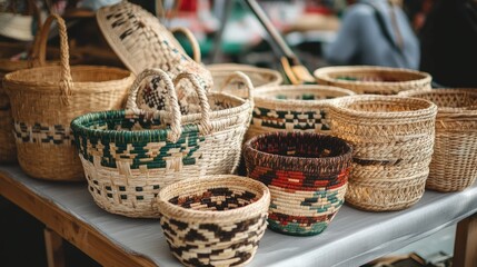 Obraz premium A collection of market baskets with various woven patterns, displayed at a farmer's market.