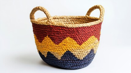 Fototapeta premium A colorful woven basket with a diamond-shaped pattern, perfect for carrying fresh produce.