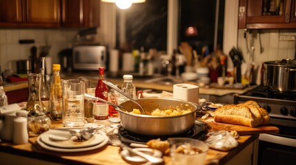 A cozy kitchen scene with a pot of potato soup and freshly baked bread.