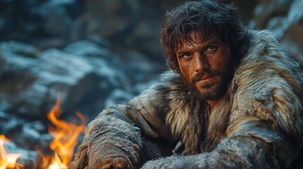 A rugged man with a beard, wearing fur, sits by a fire in a rocky landscape.