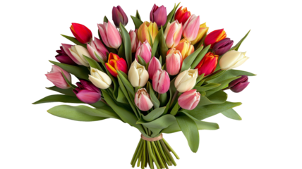 Set of tulips in violet, white, pink, red, purple, and blue on a transparent background. Valentine's Day, Easter, Birthday, Women's Day, Mother's Day, flat lay, quotes, greetings, messages, and cards.