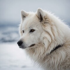 Obraz premium A fluffy Arctic dog looking over its shoulder, white background.
