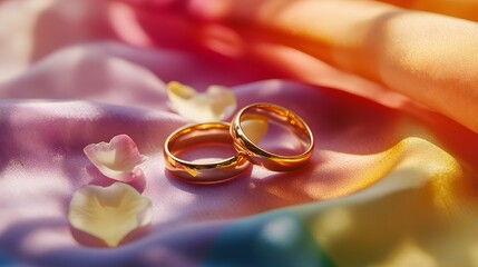 Two Polished Gold Wedding Rings Resting on a Soft Colorful Fabric Background with Petal Accents for Engagement and Love Celebrations