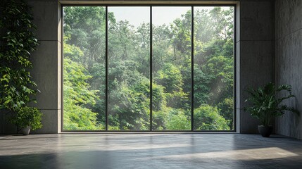Modern Room with Large Window Overlooking Lush Greenery