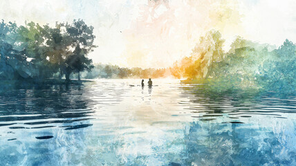 Fototapeta premium A vivid watercolor of a baptism by a riverside, with soft ripples in the water and a peaceful, spiritual atmosphere under gentle light. 