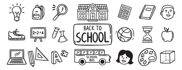 Back to School doodle hand drawn icon set. Outline drawing school items line clipart symbol collection 