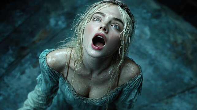 A terrified young woman with blonde hair, wearing a teal dress, screams in anguish, sweat dripping from her face.