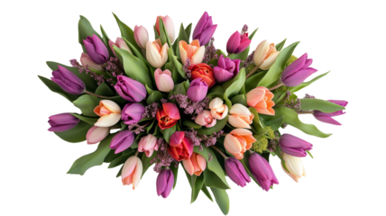 Set of tulips in violet, white, pink, red, purple, and blue on a transparent background. Valentine's Day, Easter, Birthday, Women's Day, Mother's Day, flat lay, quotes, greetings, messages, and cards.