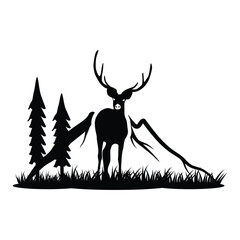 Hunting Majestic Stag with Antlers Standing Tall in a Grassy Field, Mountain Range, and a Cluster of Pine Trees