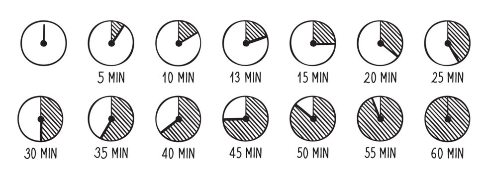 timer doodle icons set. Stopwatch on 0, 5, 10, 13, 15, 20, 25, 30, 35, 40, 45, 50, 55, and 60 minutes. Half and quarter of hour. Vintage hand drawn outline drawing line clipart symbol