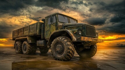 Vintage Military Truck Against Dramatic Sunset Background