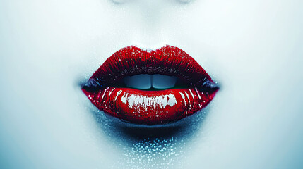 Obraz premium Glossy red lips with soft blue background create allure