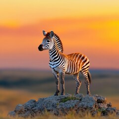[Zebra standing on rocky savanna landscape during sunset] Regal Zebra Silhouette Against Vibrant Savanna Sunset