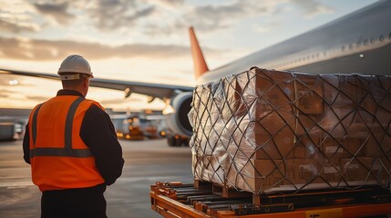 Cargo Handling at Sunset: A worker in high-visibility vest and hardhat oversees the loading of cargo onto an airplane at sunset, emphasizing global logistics and air freight.Generative ai illustration