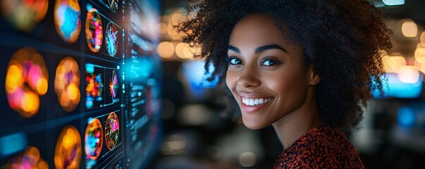 Smiling Woman in Front of Digital Data Display