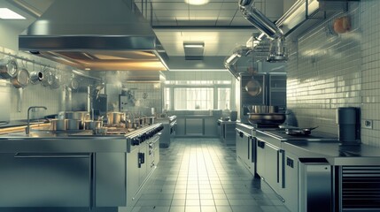 Obraz premium Modern Industrial Kitchen with Stainless Steel Equipment and Workspace