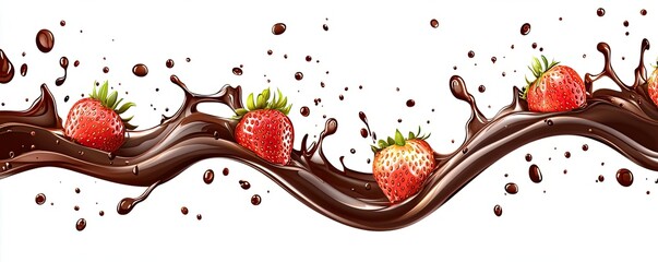 Chocolate Wave Strawberry. Melted chocolate with strawberries in a swirling shape on a white background