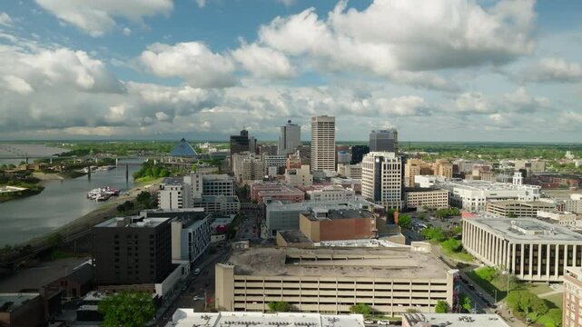Aerial Panning Scenic View Of Buildings By River In City On Sunny Day - Memphis, Tennessee