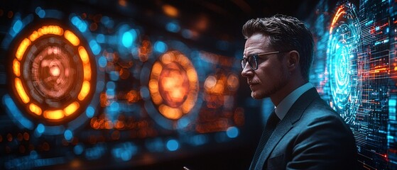 Businessman in Futuristic Office with Digital Interfaces