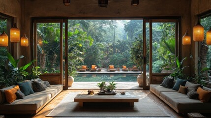 Fototapeta premium Luxurious living room with large windows overlooking a tranquil pool and lush jungle.