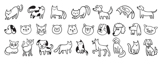 cute dogs and cats doodle hand drawn icon set. Sitting, standing. Outline drawing cats and dogs faces line clipart symbol collection