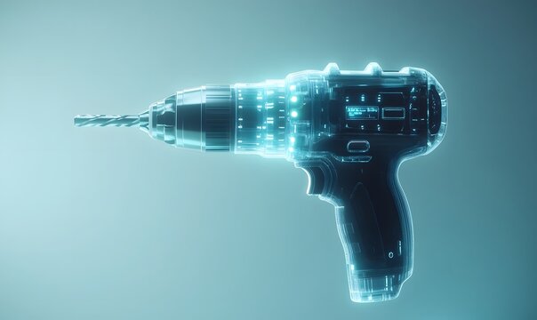 Transparent cordless drill with glowing internal components.
