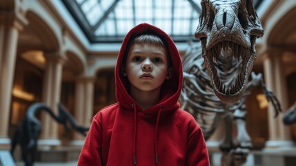Obraz premium Young Boy in Red Hoodie Stands Before Dinosaur Skeleton Exhibit