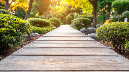 Wooden pathway in serene garden with lush greenery
